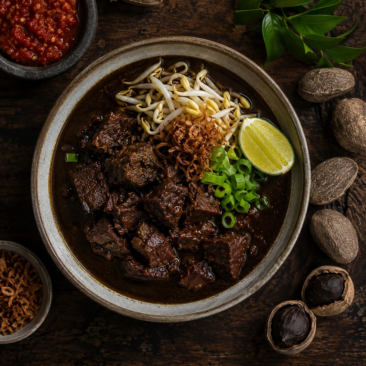 Rawon, East Javanese black beef soup made with keluak